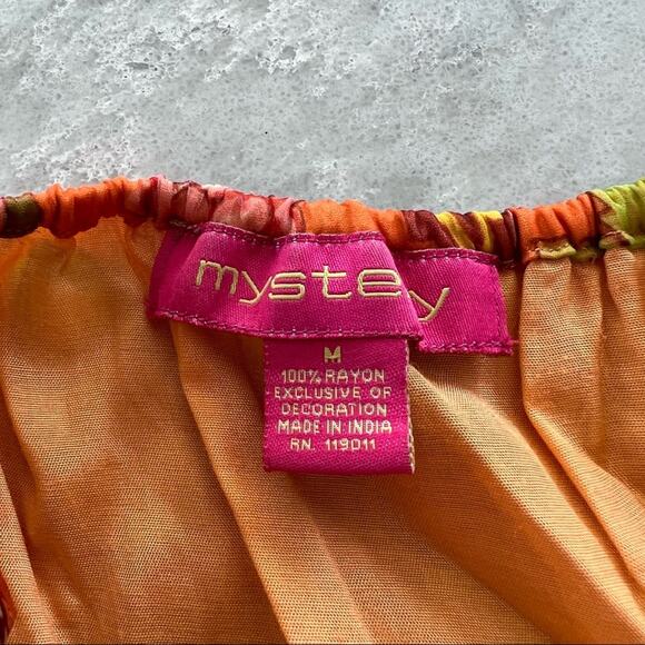 Y2K Boho Beaded Asian Orange Floral Spaghetti Strap Dress size M - Picture 7 of 7